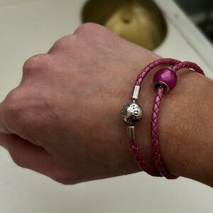 Pandora Pink Braided Leather Double Wrap Bracelet with Pink Pandora Bead